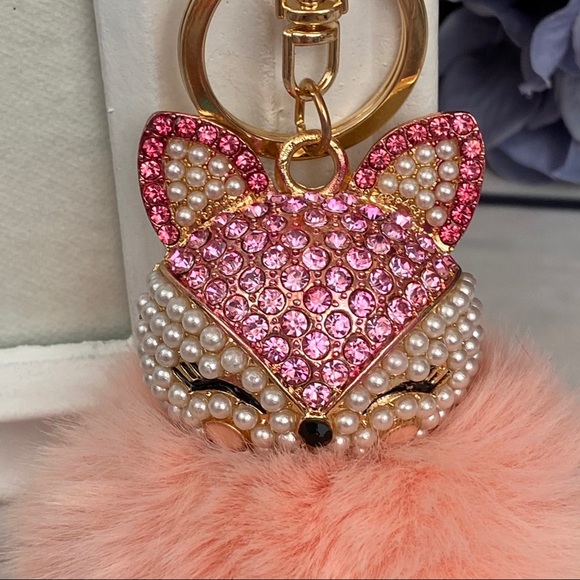 Crystal & Pearl Fox Pale Pink Pom Pom Keychain - Picture 10 of 16